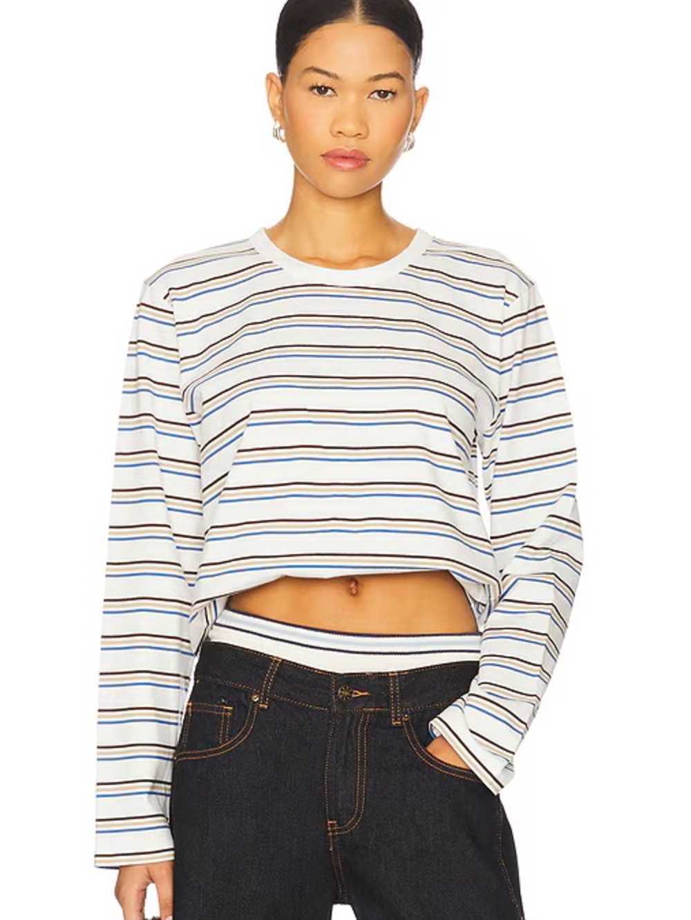 La Ligne White Striped Long Sleeve Tee with Blue and Black Stripes‎